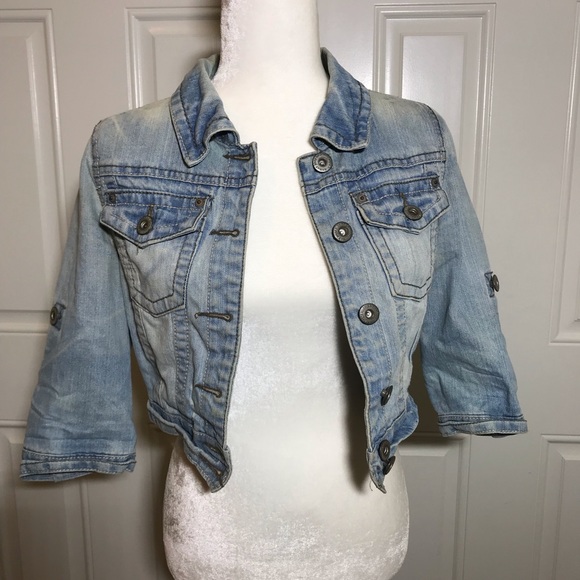 cropped denim jacket 3 4 sleeve